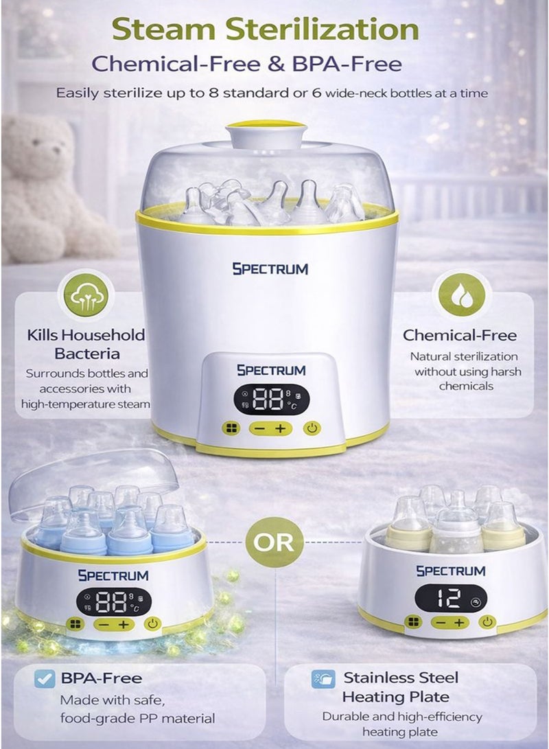 سبيكتروم جهاز تعقيم وتسخين زجاجات الرضاعة بالبخار متعدد الوظائف 5 في 1، رقمي، مناسب للأطفال حديثي الولادة والرضع. تعقيم بالبخار خالٍ من المواد الكيميائية، مصنوع من مادة البولي بروبيلين الآمنة غذائيًا والخالية من مادة BPA. يُعقم زجاجات الرضاعة، والحلمات، والأغطية، واللهايات، وأجزاء مضخة الثدي. يتسع لما يصل إلى 8 زجاجات قياسية أو 6 زجاجات ذات عنق عريض. يتميز بتسخين الحليب بسرعة عالية، ووظيفة الحفاظ على دفء الحليب، وجهاز تبخير طعام الأطفال، وجهاز سلق البيض مع رف للبيض. - Image 5